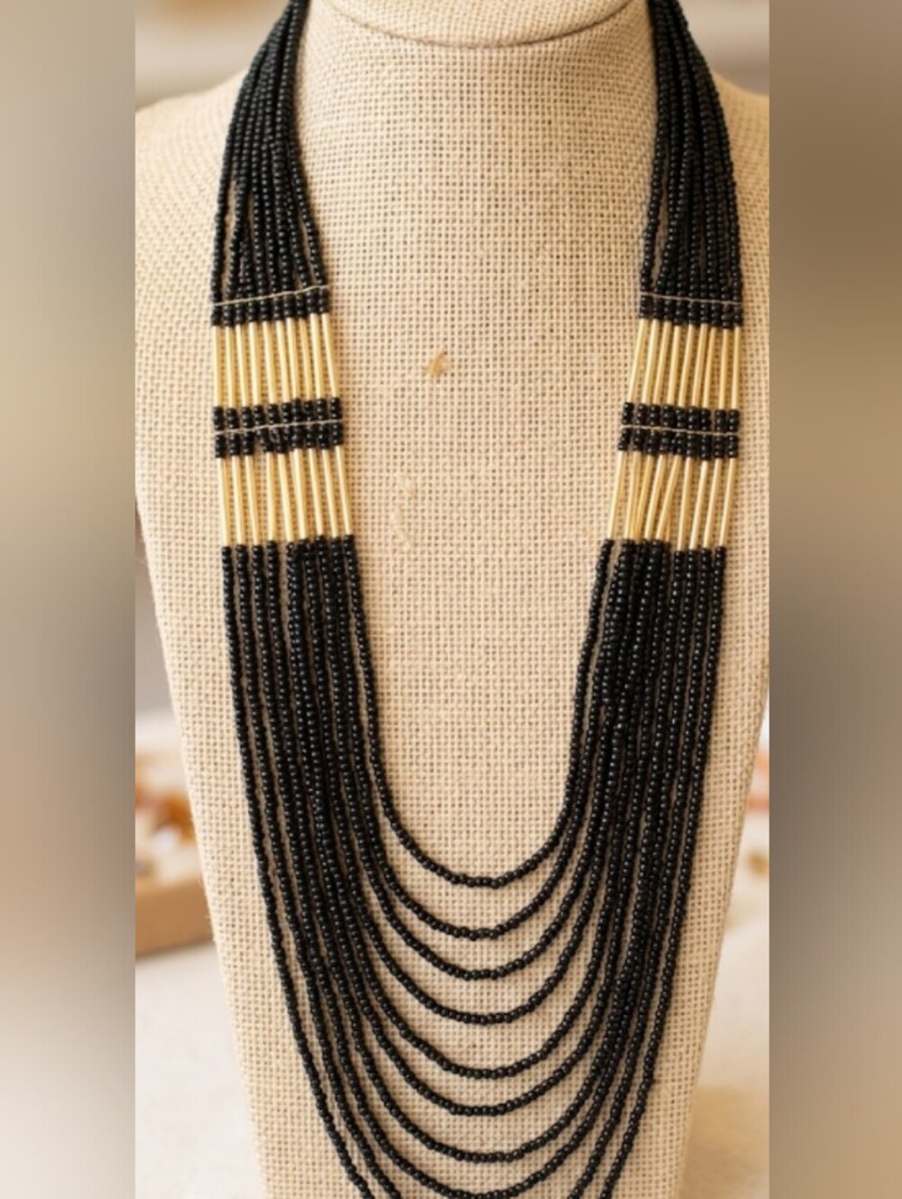 Vintage Waterfall Bead & Glass Statement Necklace - Boho Tribal Elegant